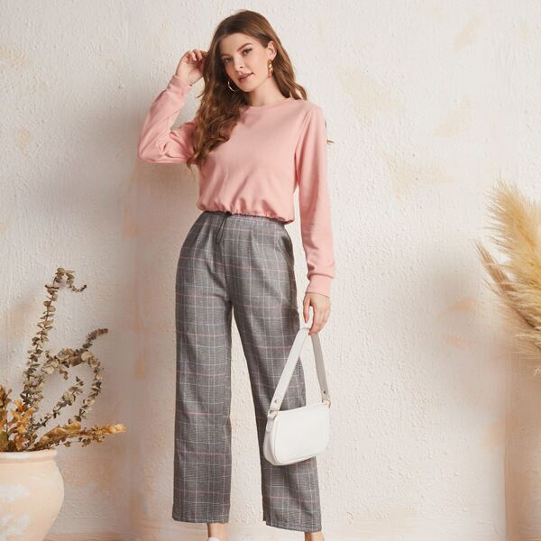 

Solid Drawstring Crop Sweatshirt & Plaid Straight Leg Pants, Multicolor