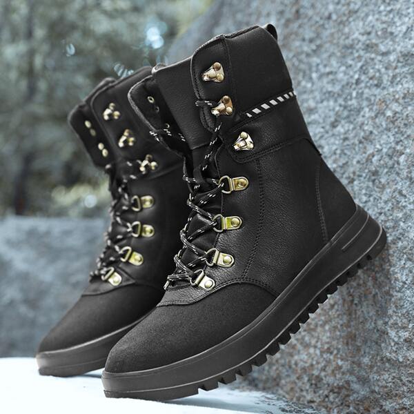 

Men Fuzzy Lace-up Front Snow Boots, Black