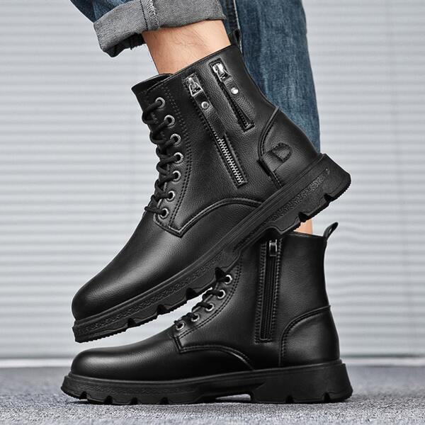 

Men Side Zip Combat Boots, Black