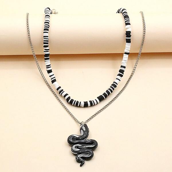

2pcs Snake Charm Necklace, Black and white