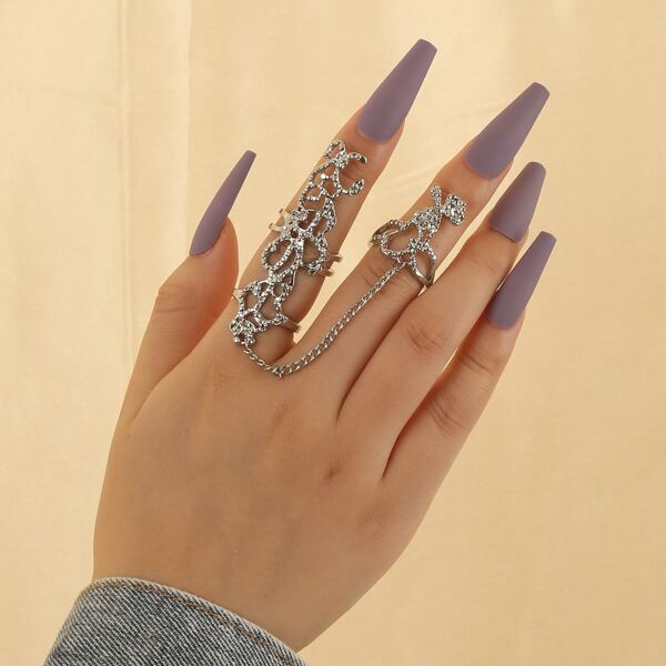 

Flower Decor Ring With Chain, Silver