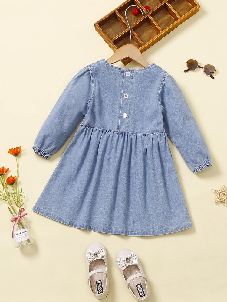 Toddler Girls Guipure Lace Detail Button Back Puff Sleeve Denim Dress - Medium Wash - View 2