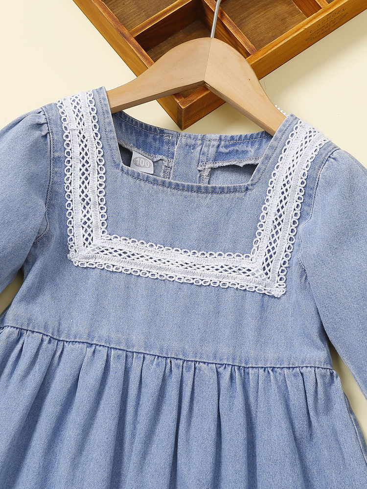 Toddler Girls Guipure Lace Detail Button Back Puff Sleeve Denim Dress - Medium Wash - View 6