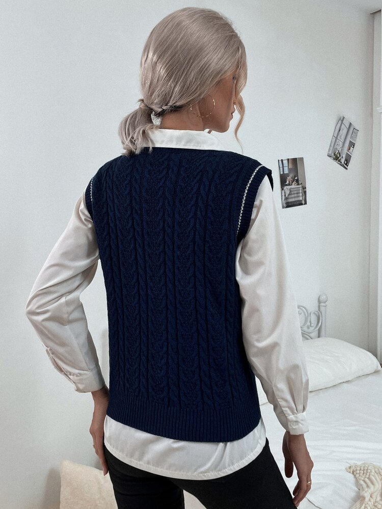 Striped Trim Sweater Vest Without Blouse - Navy Blue - View 2