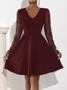 Đầm Tương phản ren Dây kéo màu trơn Thanh lịch - Màu Tím - Xem 1