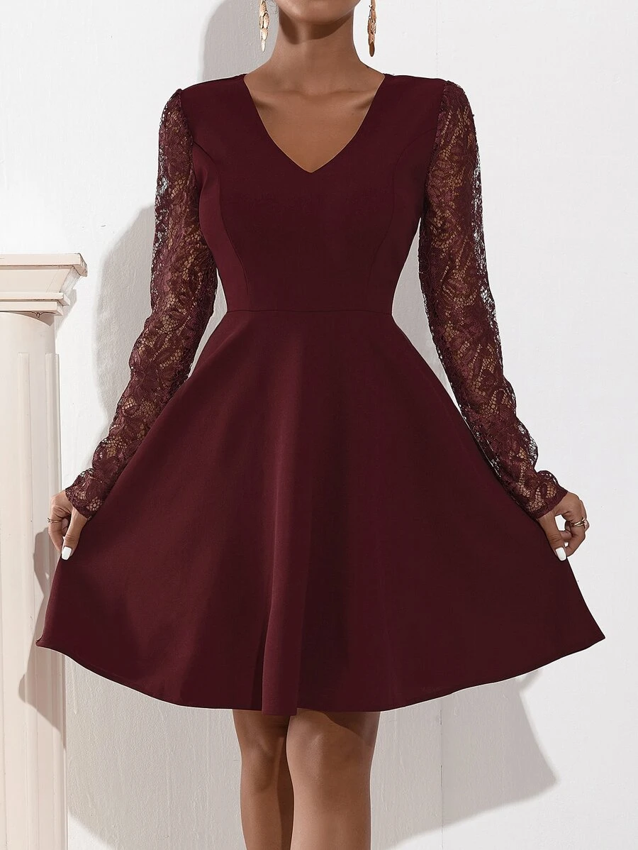 Đầm Tương phản ren Dây kéo màu trơn Thanh lịch - Màu Tím - Xem 1