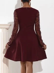 Đầm Tương phản ren Dây kéo màu trơn Thanh lịch - Màu Tím - Xem 2