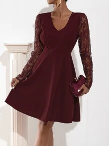 Đầm Tương phản ren Dây kéo màu trơn Thanh lịch - Màu Tím - Xem 3