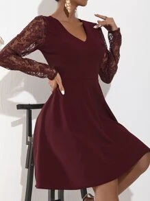 Đầm Tương phản ren Dây kéo màu trơn Thanh lịch - Màu Tím - Xem 4