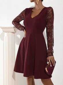 Đầm Tương phản ren Dây kéo màu trơn Thanh lịch - Màu Tím - Xem 5