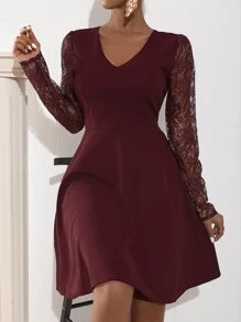 Đầm Tương phản ren Dây kéo màu trơn Thanh lịch - Màu Tím - Xem 6