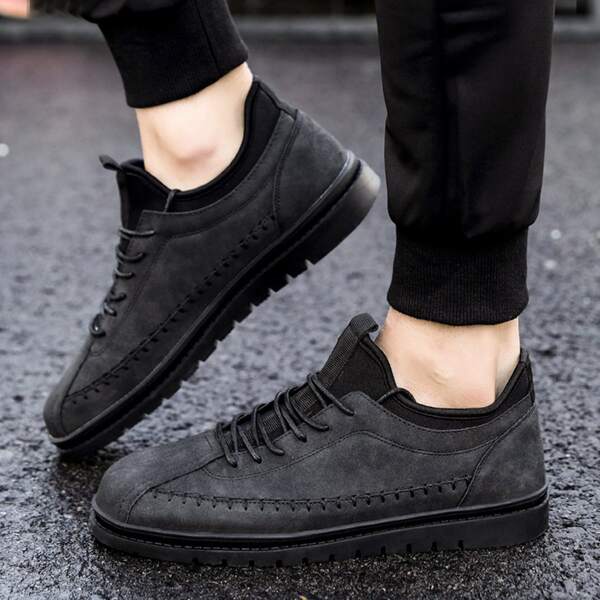 

Men Stitch Detail Lace Up Design Sneakers, Black