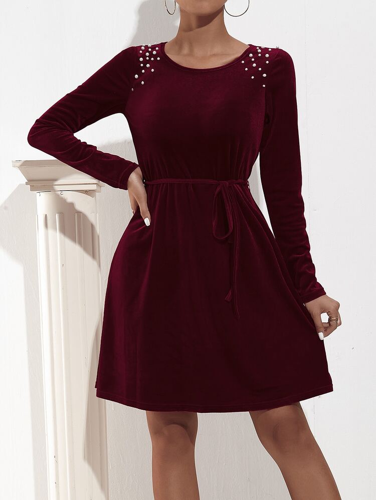 珍珠串珠腰帶絲絨洋裝 - 紫紅色 - 查看 3