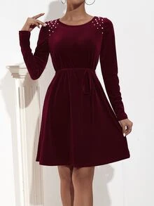 珍珠串珠腰帶絲絨連衣裙 - 紫紅色 - 查看 4