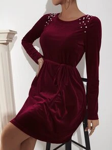 珍珠串珠腰帶絲絨連衣裙 - 紫紅色 - 查看 5