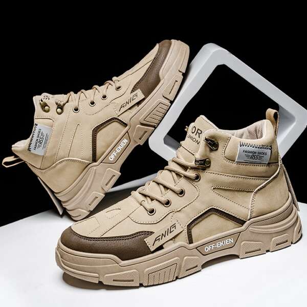 

Men Letter Graphic Lace-up Front Boots, Khaki