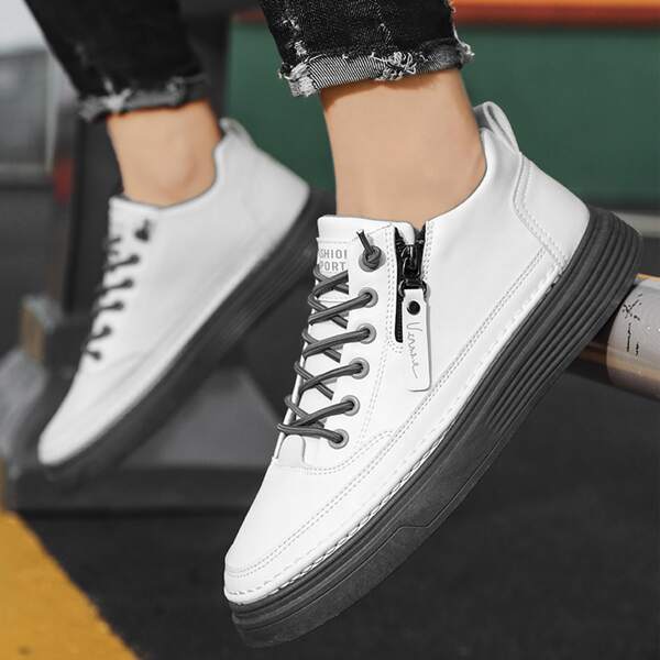 

Men Stitch Detail Lace Up Design Side Zipper Sneakers, White
