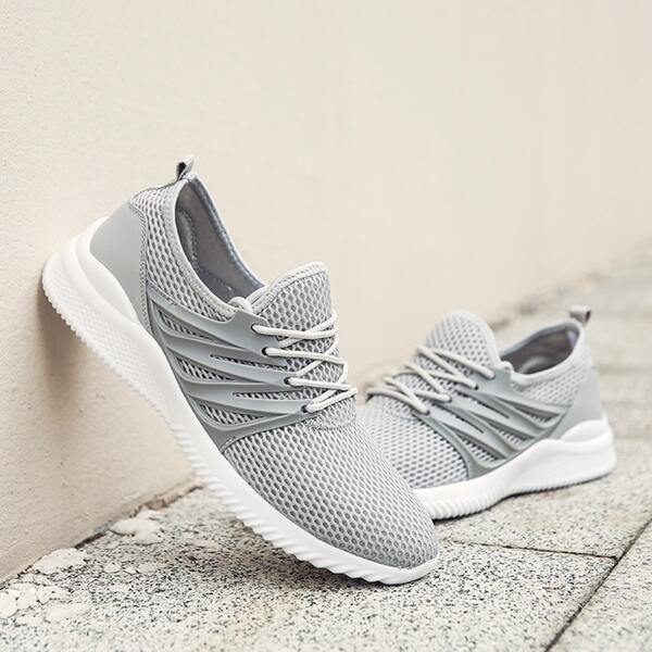 

Men Mesh Panel Lace Up Design Sneakers, Grey
