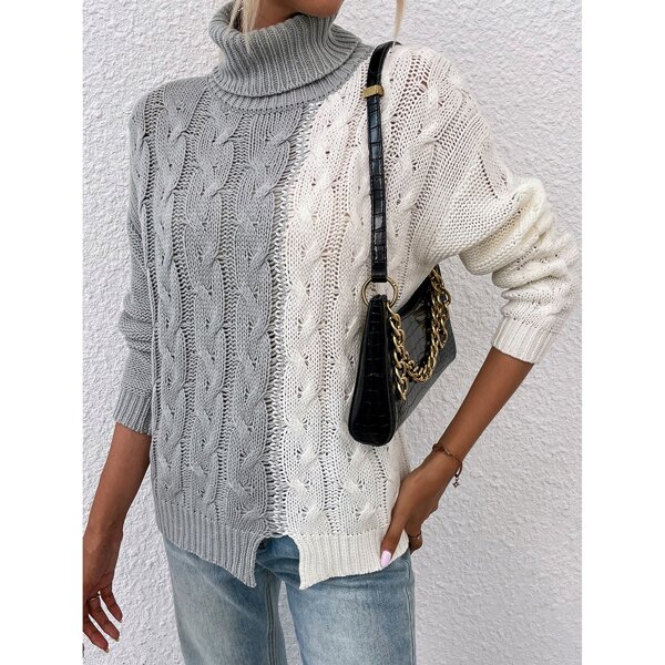 

High Neck Cable Knit Sweater, Multicolor