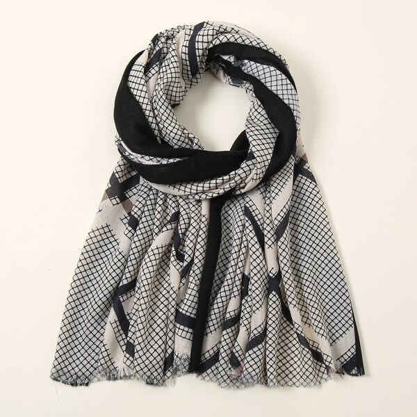 

Raw Hem Plaid Scarf, Black and white