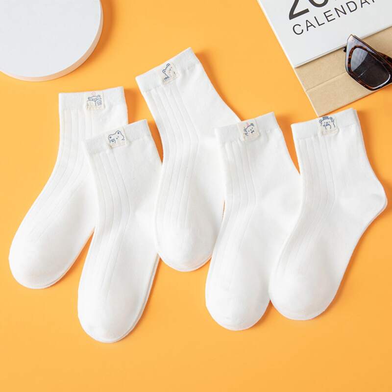 

5pairs Cartoon Label Crew Socks, White