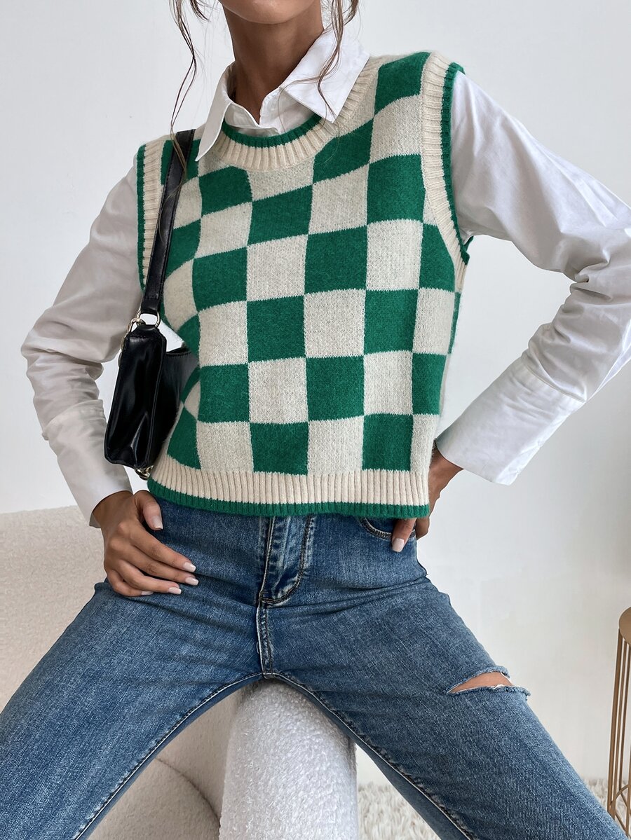 棋盤格圖案不帶襯衫毛衣背心 - 彩色 - 查看 1