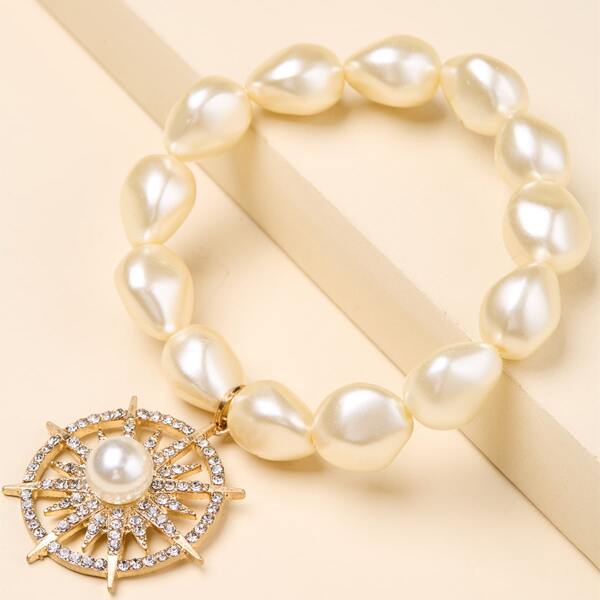 

Round Charm Faux Pearl Beaded Bracelet, Champagne