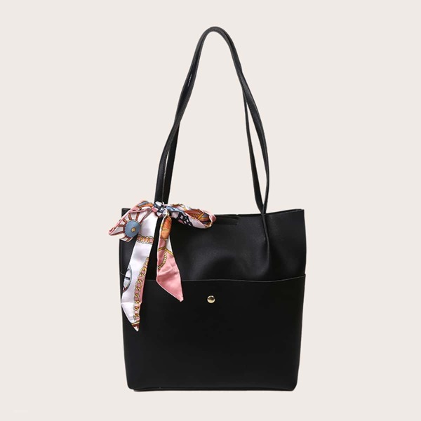 

Scarf Decor Shoulder Tote Bag, Black