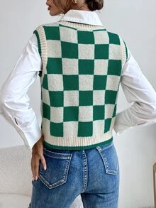棋盤格圖案不帶襯衫毛衣背心 - 彩色 - 查看 2