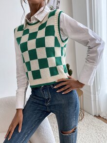 棋盤格圖案不帶襯衫毛衣背心 - 彩色 - 查看 3