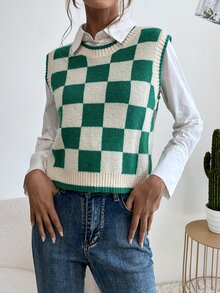 棋盤格圖案不帶襯衫毛衣背心 - 彩色 - 查看 4