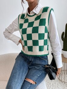 棋盤格圖案不帶襯衫毛衣背心 - 彩色 - 查看 5