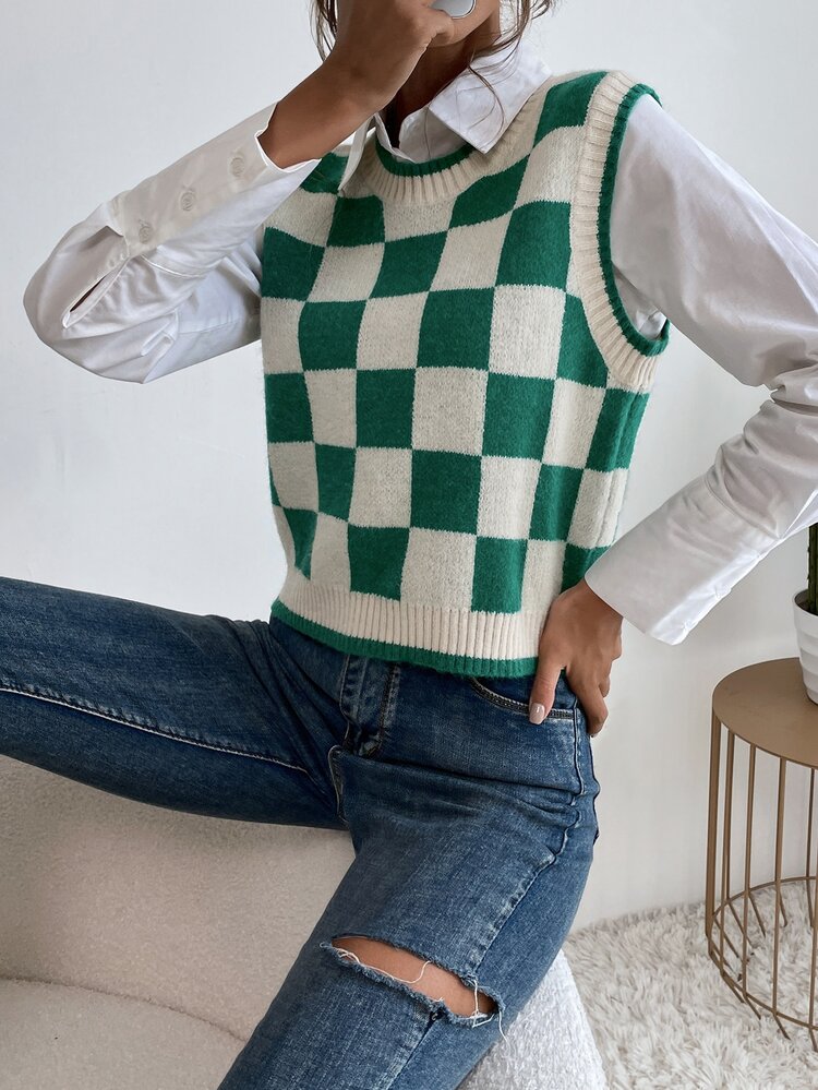 Checker Pattern Sweater Vest Without Blouse - Multicolor - View 6