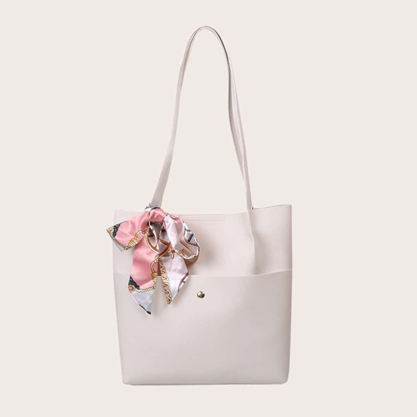 

Scarf Decor Shoulder Tote Bag, White