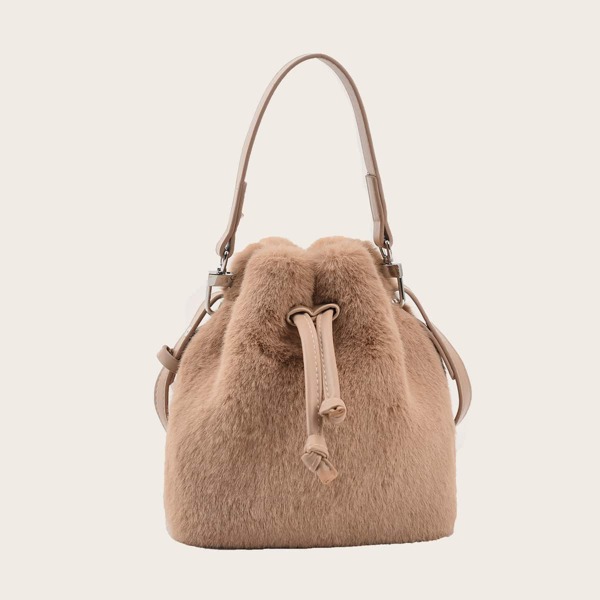 

Fluffy Drawstring Design Satchel Bag, Khaki