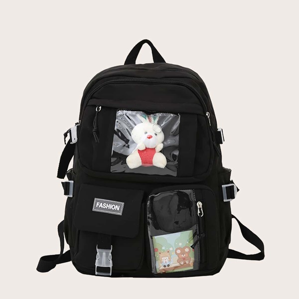 

Letter Patch Cartoon Decor Multi-Compartment Backpack, Black