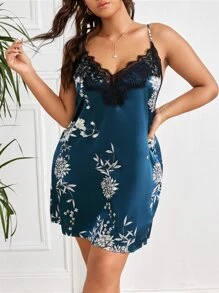 大碼印花拼接蕾絲緞布吊帶睡衣