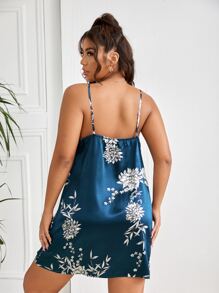 大碼印花拼接蕾絲緞布吊帶睡衣