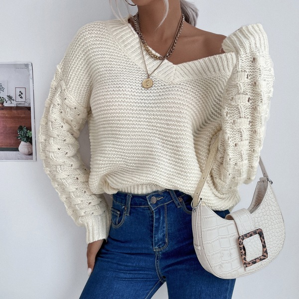 

Drop Shoulder V Neck Sweater, White