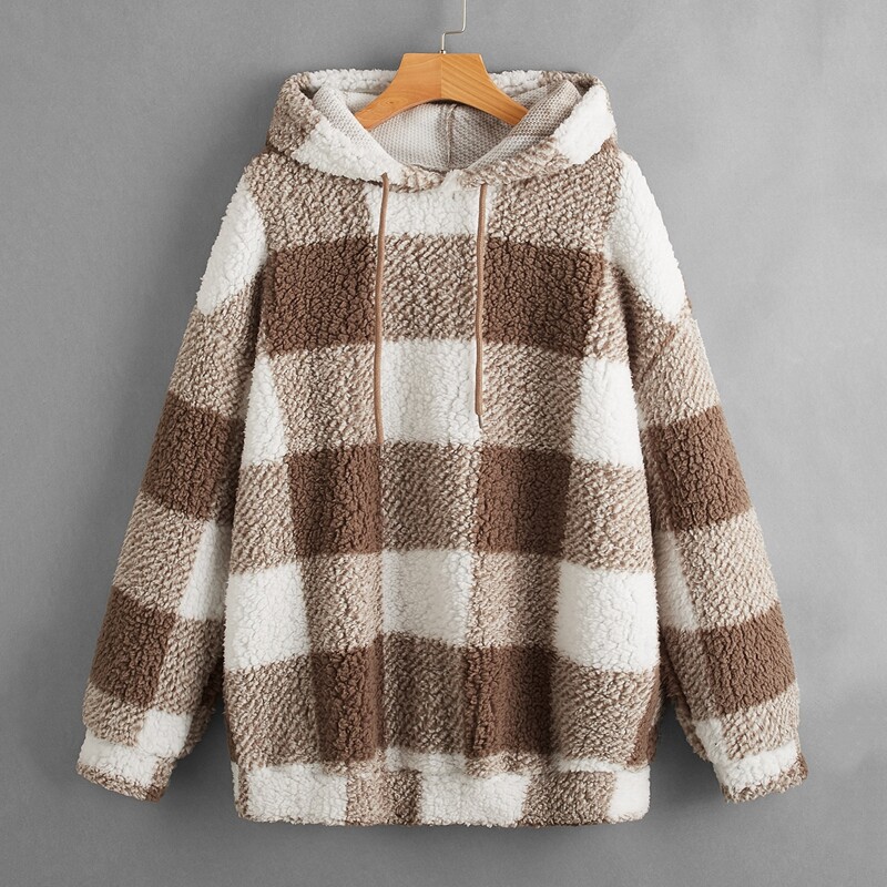 

Plaid Print Drawstring Teddy Hoodie, Multicolor