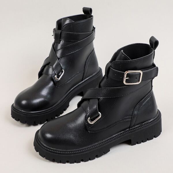 

Solid Buckle Decor Fashion Boots, Black