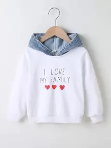SHEIN Sudadera Con Capucha De Mezclilla Contrastada Para Niña Con Parche De Oreja 3d Y Eslógan Gráfico