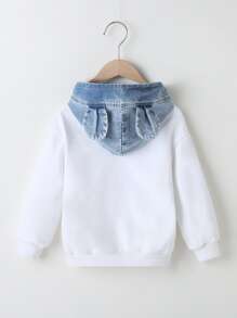 SHEIN Sudadera Con Capucha De Mezclilla Contrastada Para Niña Con Parche De Oreja 3d Y Eslógan Gráfico