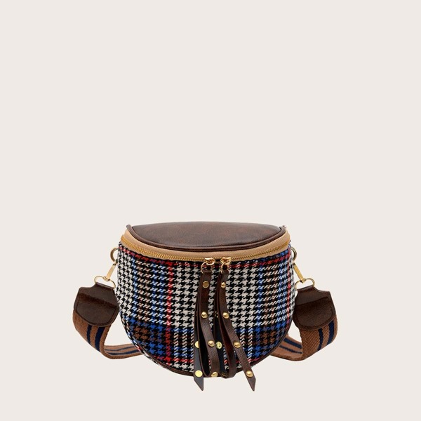 

Plaid Tartan Pattern Studded Decor Box Bag, Multicolor
