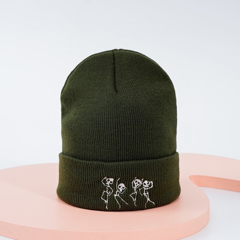 

Skeleton Embroidered Knitted Hat, Army green