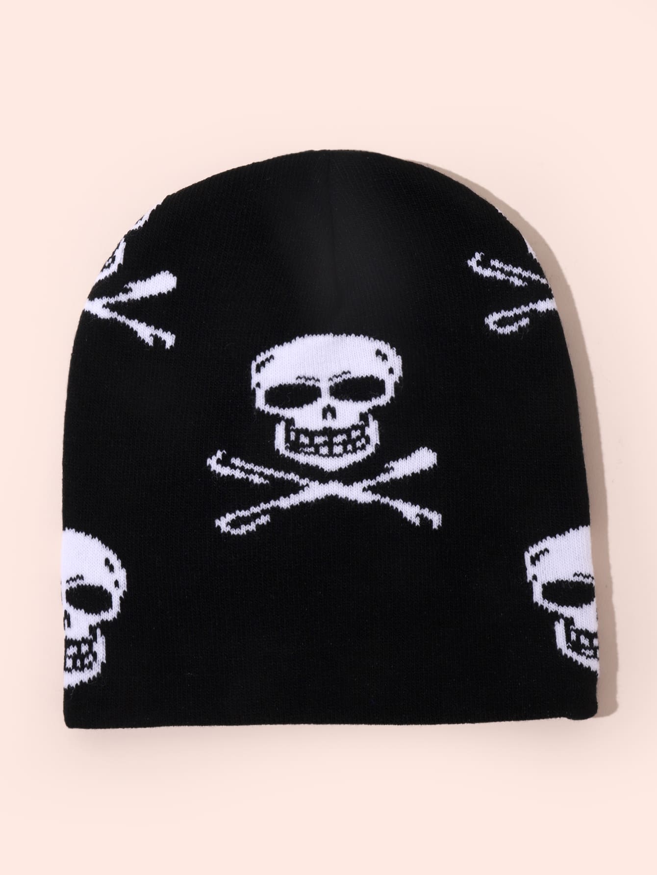 Skull Print Knitted Hat - Black - View 1