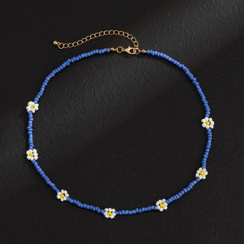 

Floral Beaded Necklace, Blue