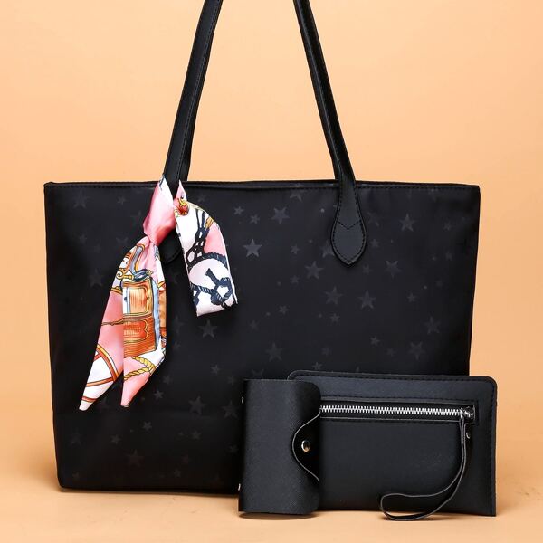 

3pcs Scarf Decor Star Shoulder Tote Bag Set, Black
