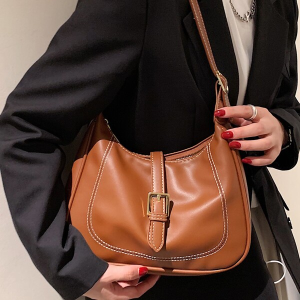 

Buckle Decor Saddle Bag, Brown
