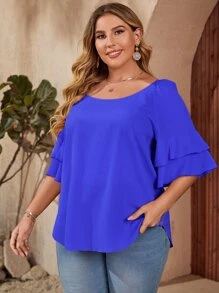 SHEIN LUNE Plus Flounce Sleeve Solid Blouse - Royal Blue - View 1